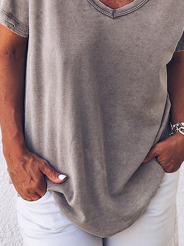 Women Solid Color V Neck Short Sleeve T-shirt - LuckyFash™