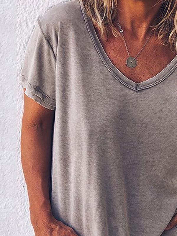 Women Solid Color V Neck Short Sleeve T-shirt - LuckyFash™
