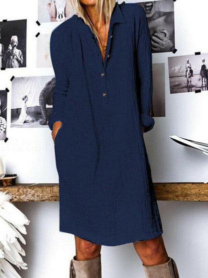 Women Solid Cotton And Linen Long-sleeved Dress - LuckyFash™