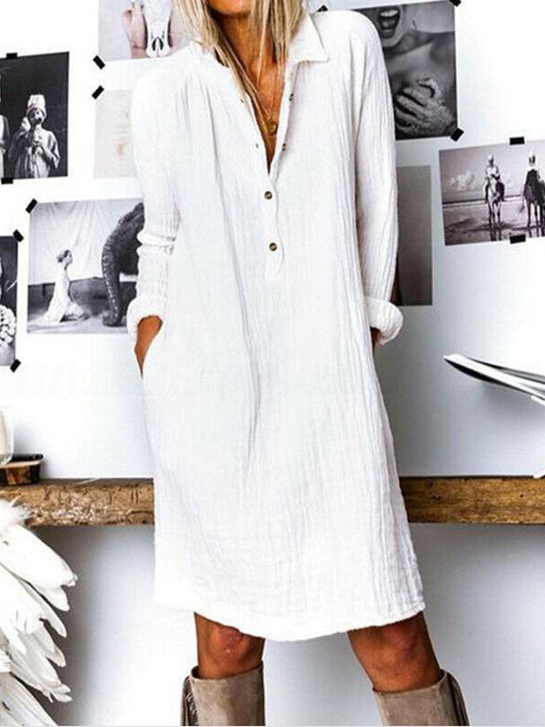 Women Solid Cotton And Linen Long-sleeved Dress - LuckyFash™