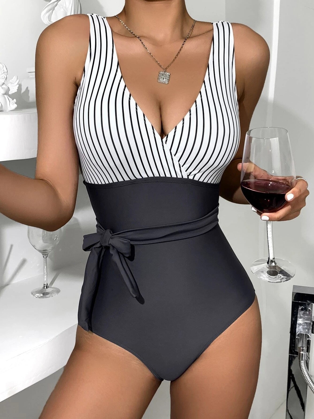 Women's Bikinis Striped Print V-Neck Belted One-Piece Swimsuit - LuckyFash™