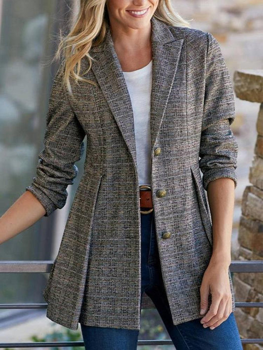 Blazer Lapel Check Print Button Ruffle Hem Blazer - LuckyFash™