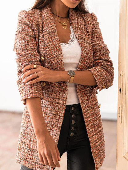 Women's Blazers Check Print Double Breasted Long Sleeve Blazer - LuckyFash™