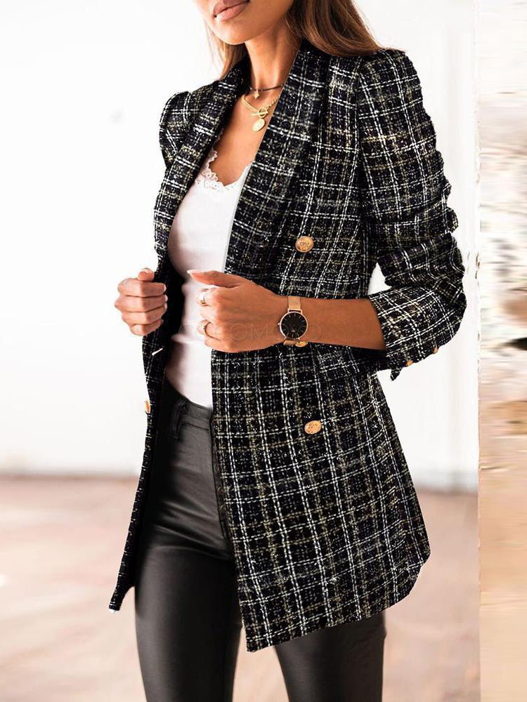 Women's Blazers Check Print Double Breasted Long Sleeve Blazer - LuckyFash™