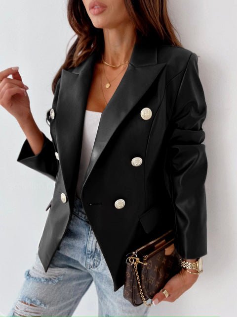 Blazers Double Breasted Long Sleeve PU Leather Blazer - LuckyFash™