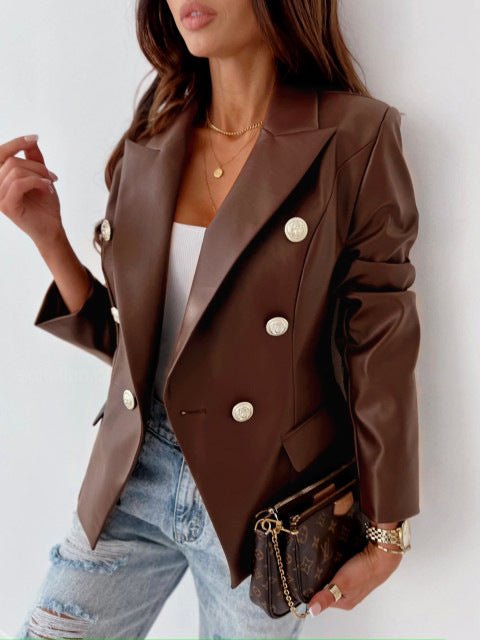 Blazers Double Breasted Long Sleeve PU Leather Blazer - LuckyFash™