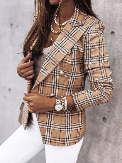 Blazers Double-Breasted Plaid Printed Long Sleeve Blazer - LuckyFash™