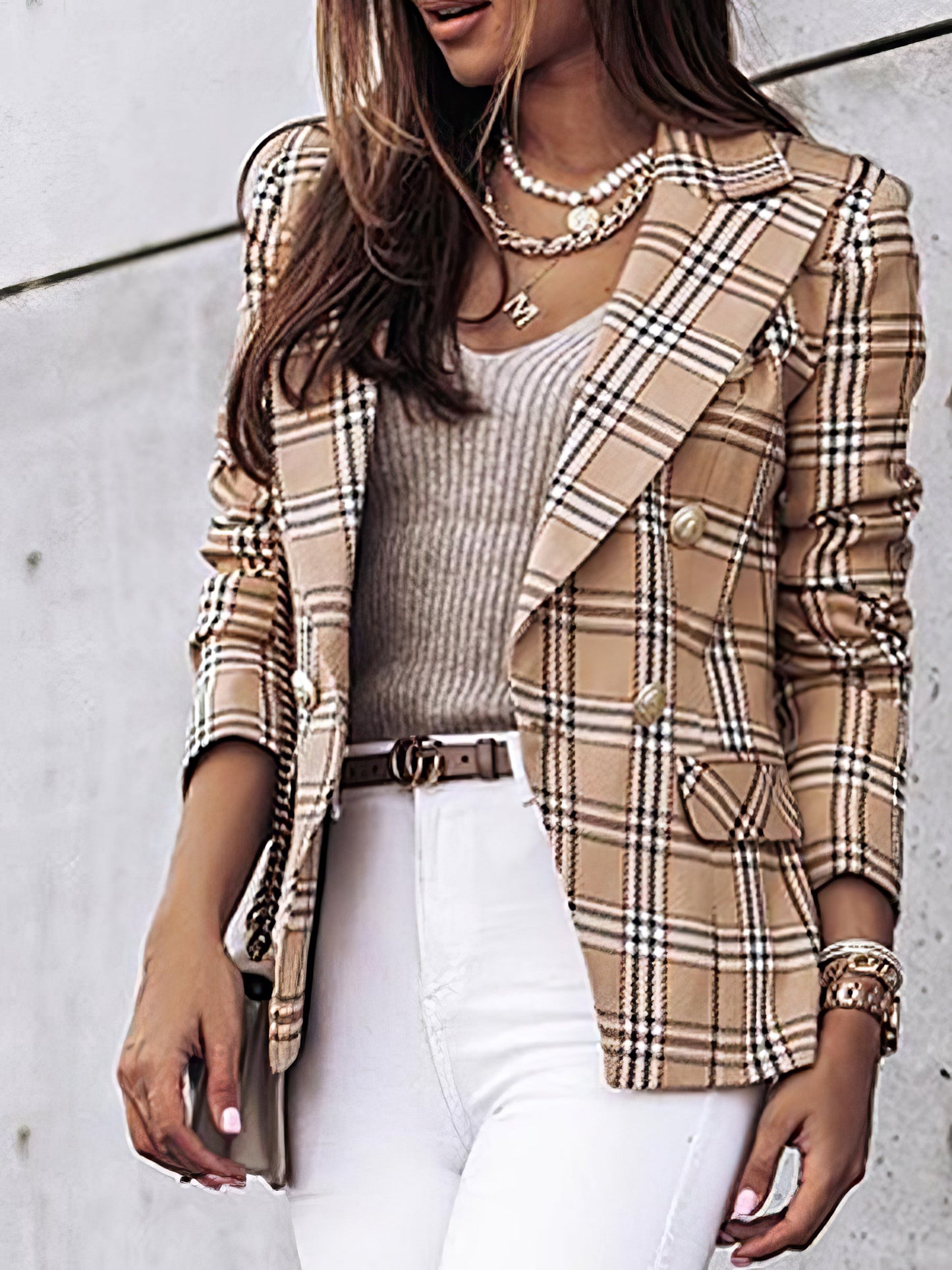 Blazers Double-Breasted Plaid Printed Long Sleeve Blazer - LuckyFash™