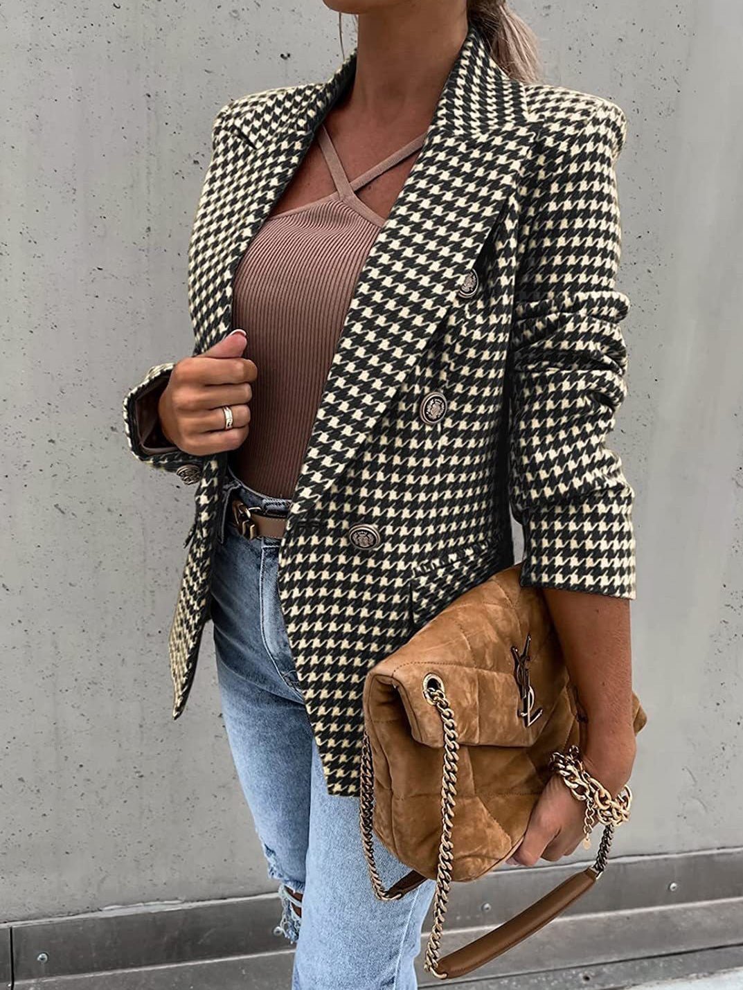 Women's Blazers Houndstooth Print Lapel Button Slim Blazer - LuckyFash™