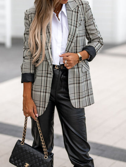 Women's Blazers Lapel Check Print Long Sleeve Blazer - LuckyFash™