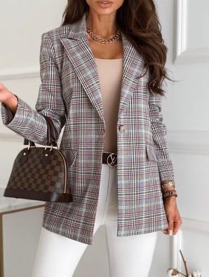 Blazers Long Sleeve Slim Single-Button Plaid Print Blazers - LuckyFash™