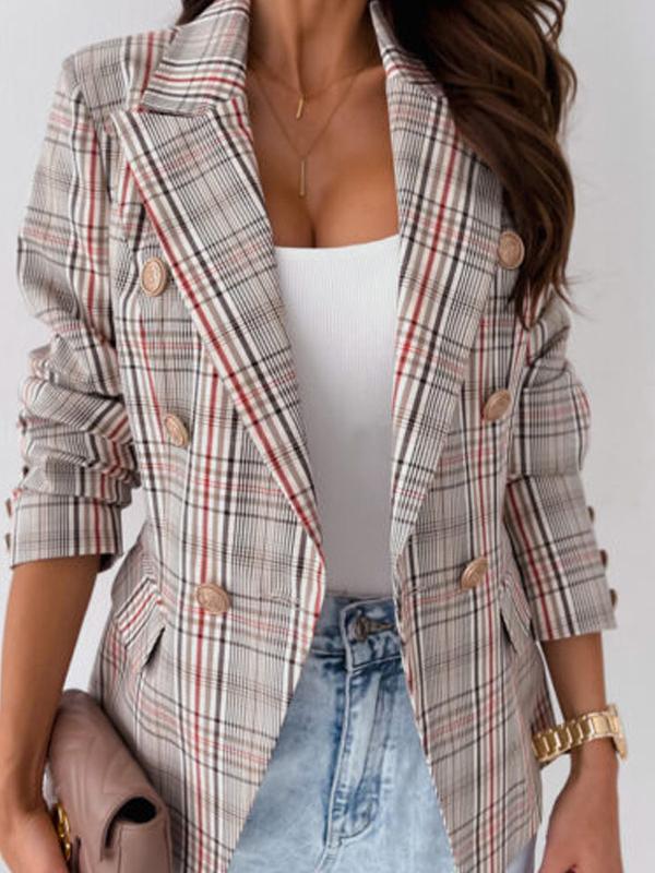 Women's Blazers Plaid Double-Breasted Long Sleeve Blazer - LuckyFash™