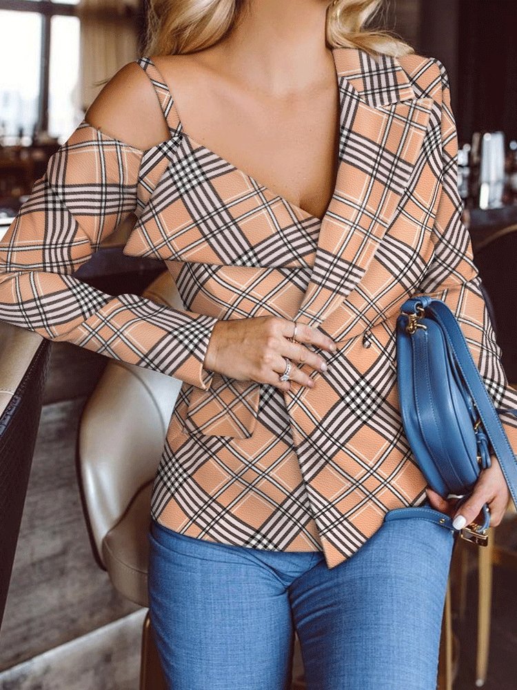 Women's Blazers Plaid V-Neck Sling Long Sleeve Blazers - LuckyFash™