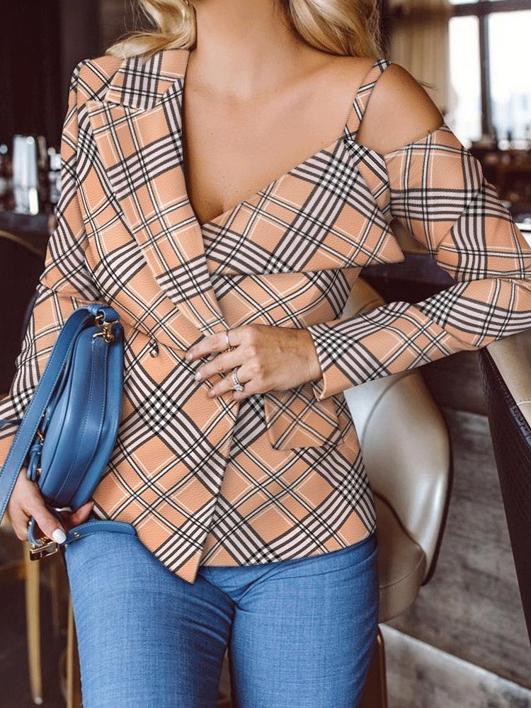 Women's Blazers Plaid V-Neck Sling Long Sleeve Blazers - LuckyFash™