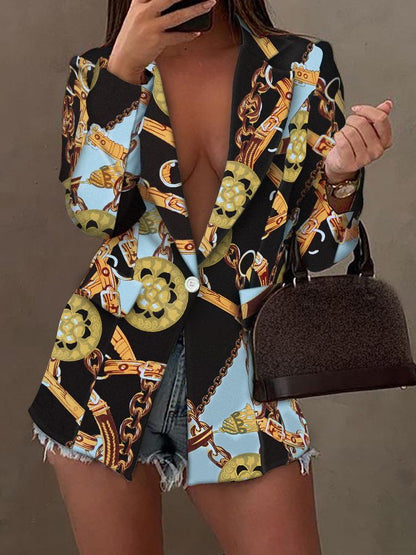 Women's Blazers Printed Lapel Long Sleeve Buttoned Blazer - LuckyFash™
