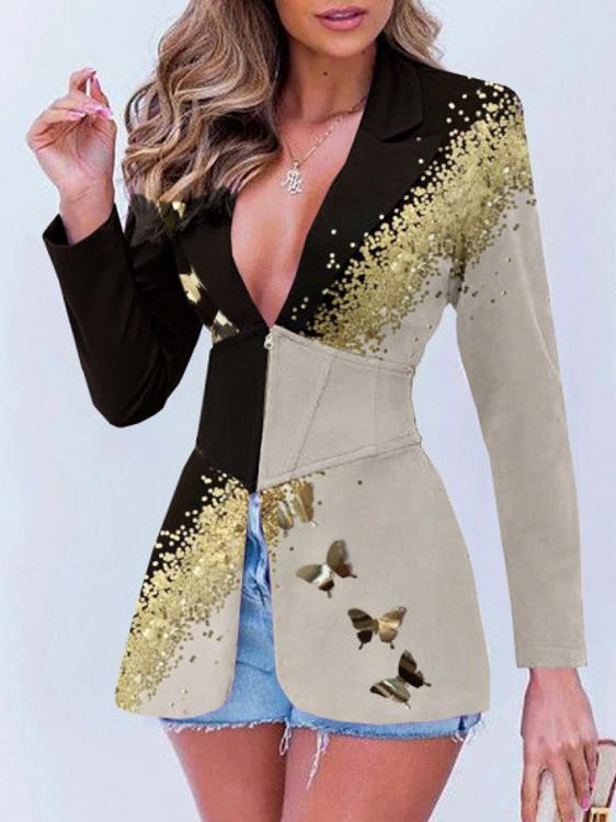 Blazers Printed Lapel Zip Long Sleeve Blazer - LuckyFash™