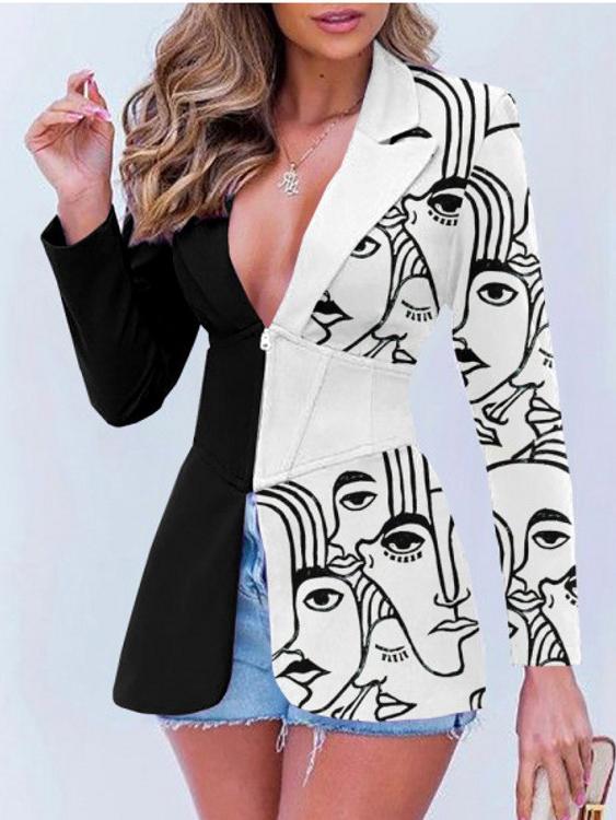 Blazers Printed Lapel Zip Long Sleeve Blazer - LuckyFash™