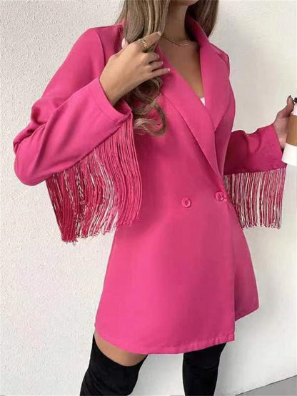 Blazers Solid Lapel Button Fringe Long Sleeve Blazer - LuckyFash™