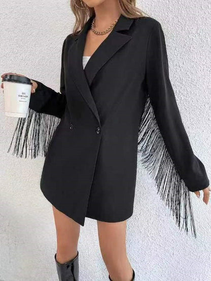 Blazers Solid Lapel Button Fringe Long Sleeve Blazer - LuckyFash™