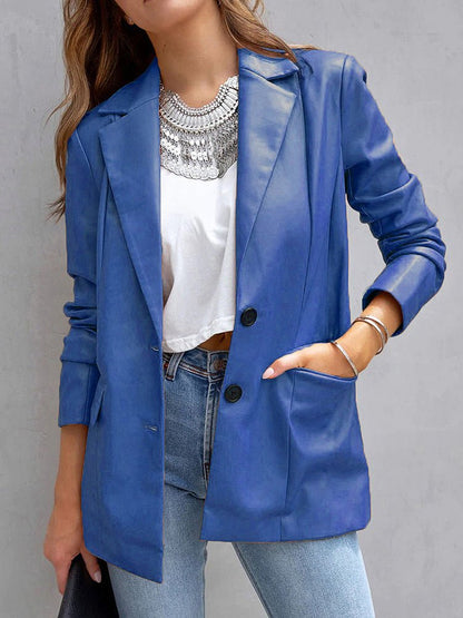 Blazers Solid Notched Lapel Flip Pocket Pu Leather Blazer - LuckyFash™