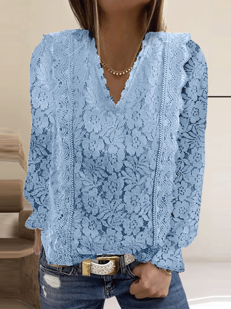 Women's Blouse Casual Solid Lace V-Neck Long Sleeve Blouse - LuckyFash™