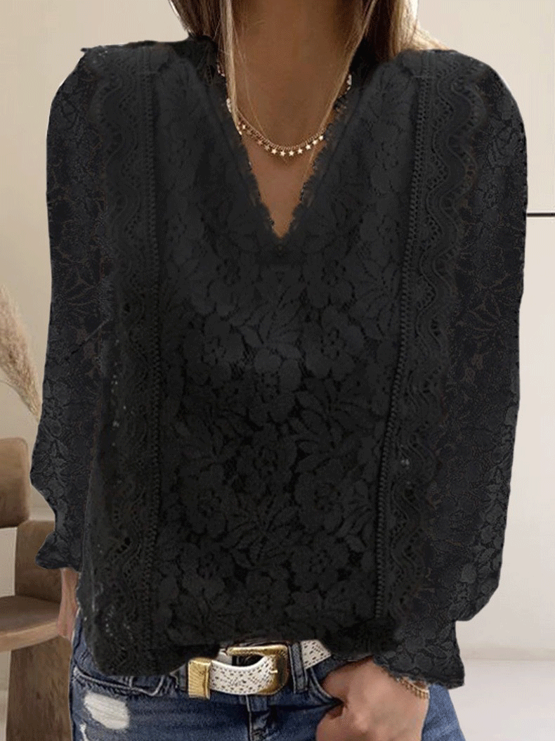 Women's Blouse Casual Solid Lace V-Neck Long Sleeve Blouse - LuckyFash™