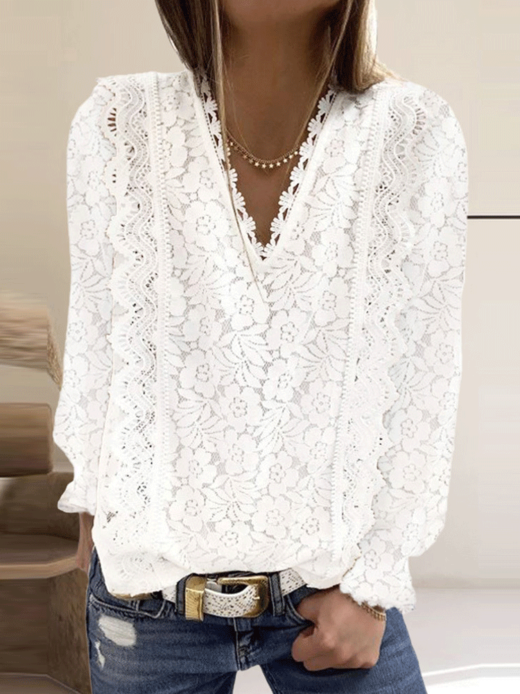 Women's Blouse Casual Solid Lace V-Neck Long Sleeve Blouse - LuckyFash™