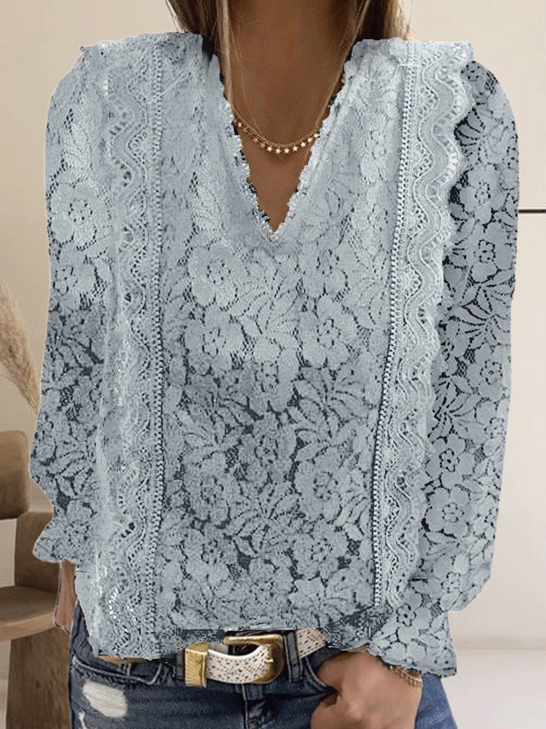 Women's Blouse Casual Solid Lace V-Neck Long Sleeve Blouse - LuckyFash™