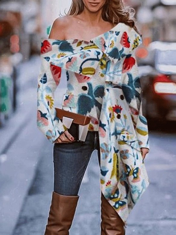 Women's Blouse Irregular Print Off Shoulder Long Sleeve Blouses - LuckyFash™