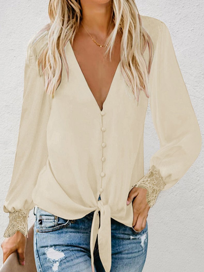 Women's Blouse Lace Stitching V-Neck Belted Long Sleeve Blouse - LuckyFash™