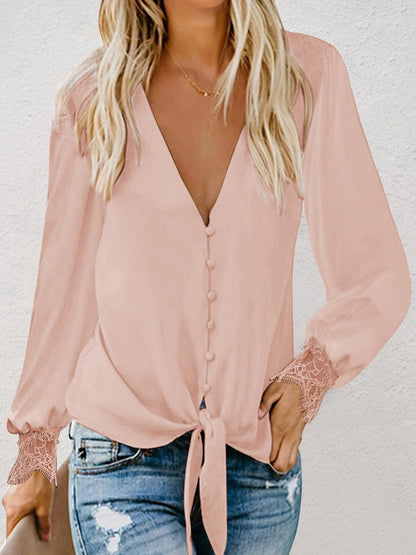 Women's Blouse Lace Stitching V-Neck Belted Long Sleeve Blouse - LuckyFash™