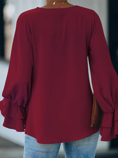 Women's Blouse Solid V-Neck Ruffle Long Sleeve Blouse - LuckyFash™