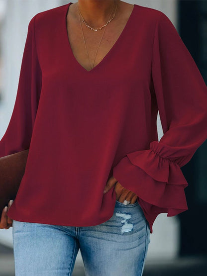 Women's Blouse Solid V-Neck Ruffle Long Sleeve Blouse - LuckyFash™