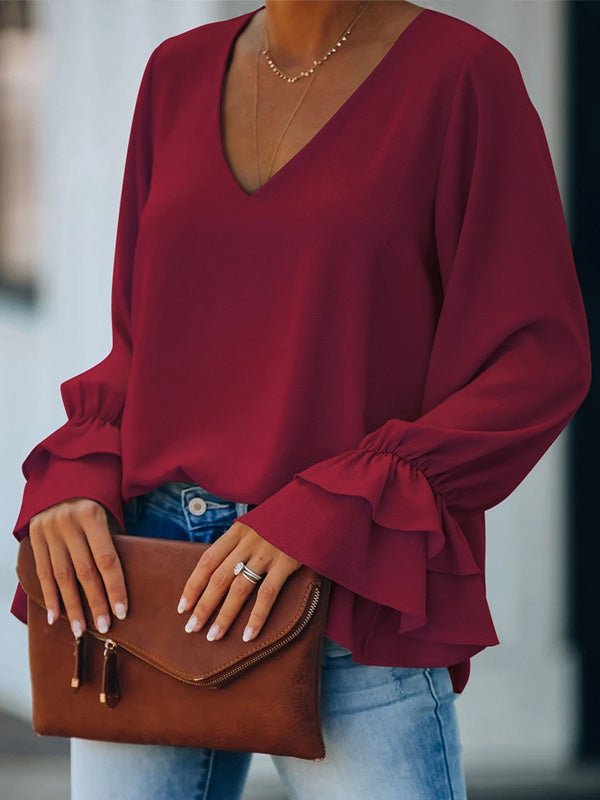 Women's Blouse Solid V-Neck Ruffle Long Sleeve Blouse - LuckyFash™