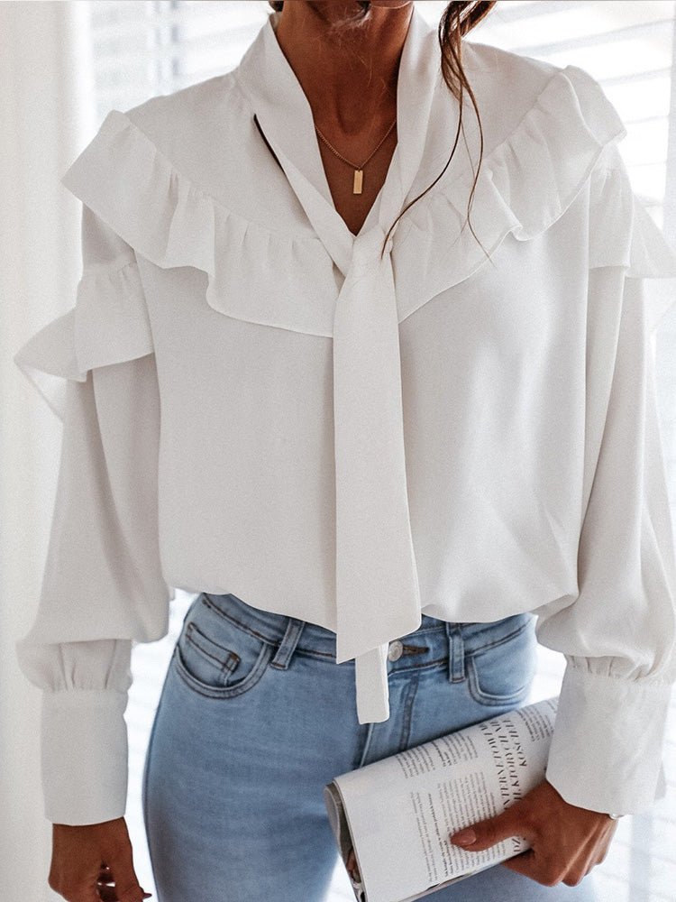 Women's Blouses Belted Collar Ruffle Long Sleeve Blouse - LuckyFash™