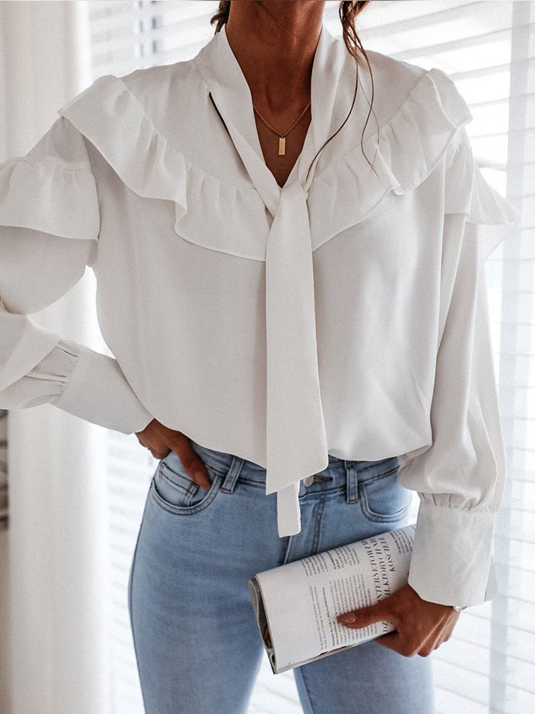 Women's Blouses Belted Collar Ruffle Long Sleeve Blouse - LuckyFash™