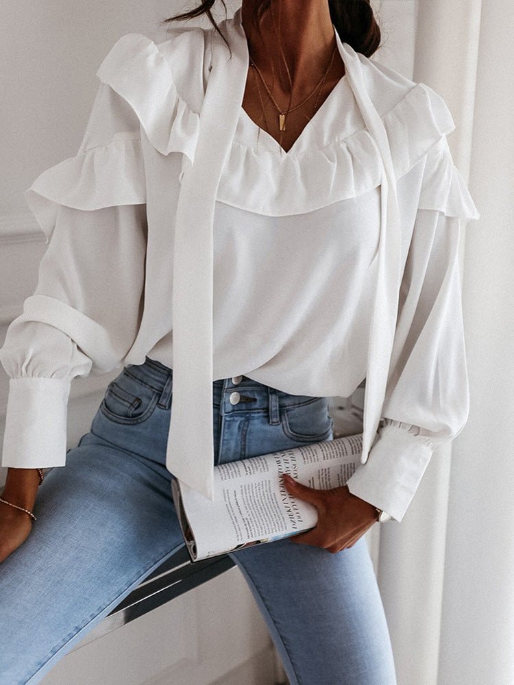 Women's Blouses Belted Collar Ruffle Long Sleeve Blouse - LuckyFash™