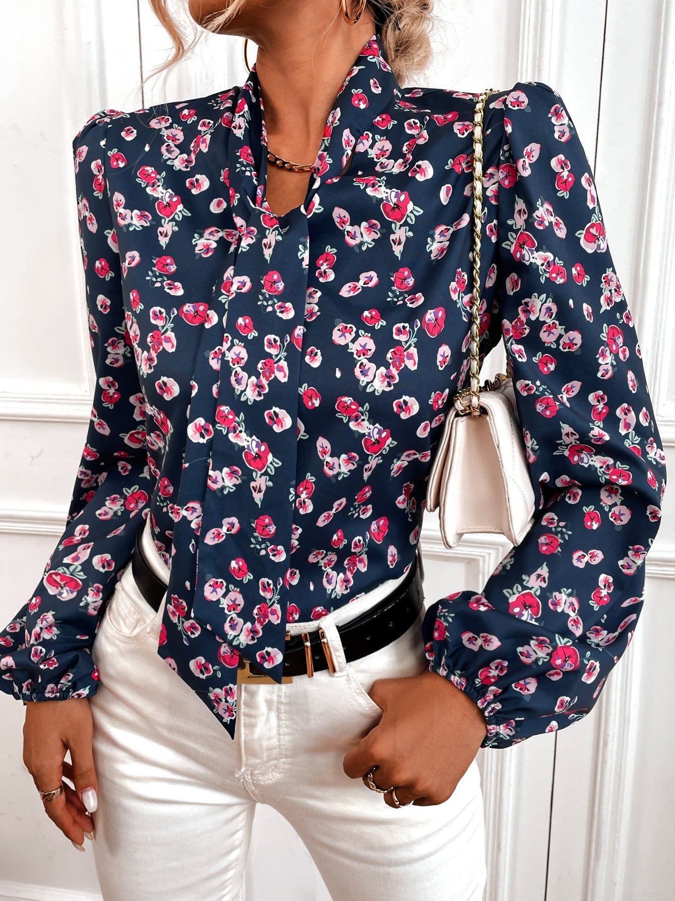 Women's Blouses Belted Print Lantern Long Sleeve Blouse - LuckyFash™