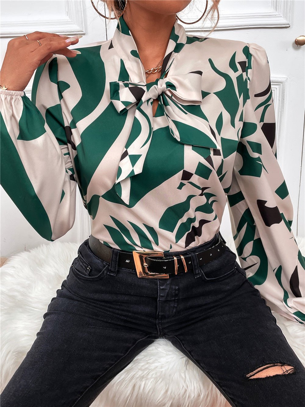 Women's Blouses Belted Print Lantern Long Sleeve Blouse - LuckyFash™