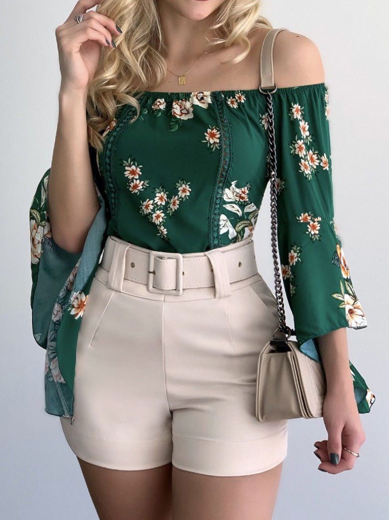 Women's Blouses Boat Neck Printed Flared Long Sleeve Blouse - LuckyFash™