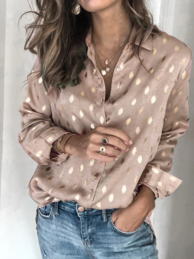 Women's Blouses Bronzing Print Lapel Button Long Sleeve Blouse - LuckyFash™