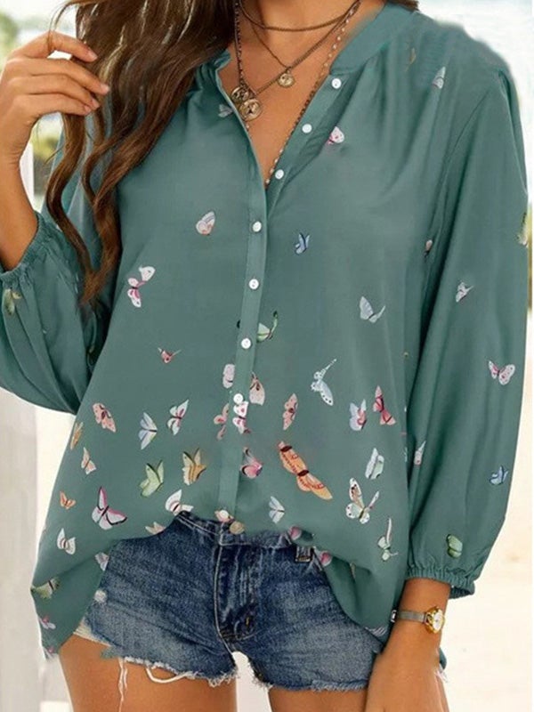 Blouses Butterfly Print Button Lapel Long Sleeve Blouse - LuckyFash™