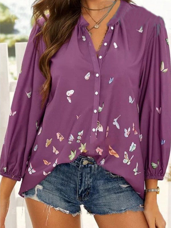 Blouses Butterfly Print Button Lapel Long Sleeve Blouse - LuckyFash™