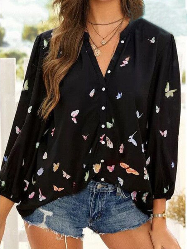 Blouses Butterfly Print Button Lapel Long Sleeve Blouse - LuckyFash™