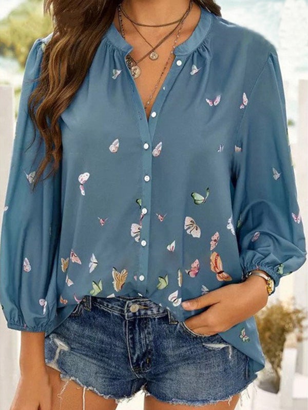 Blouses Butterfly Print Button Lapel Long Sleeve Blouse - LuckyFash™