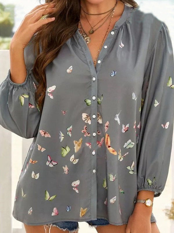 Blouses Butterfly Print Button Lapel Long Sleeve Blouse - LuckyFash™