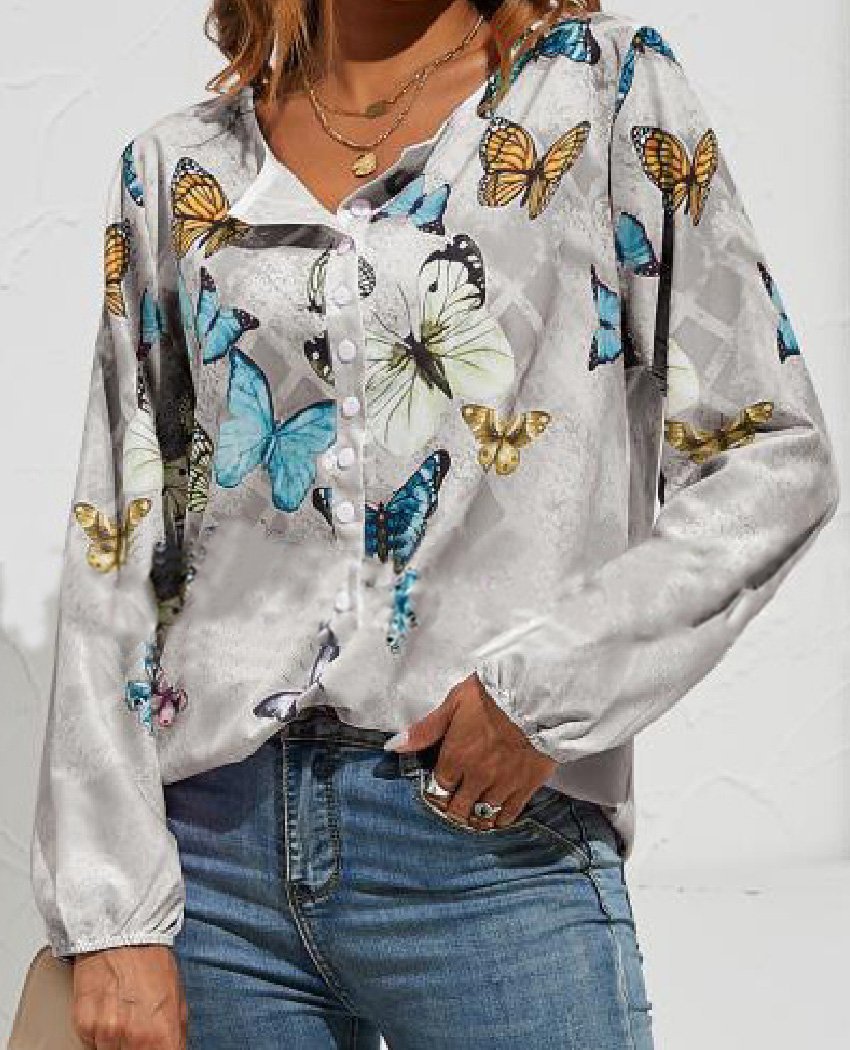 Women's Blouses Butterfly Print V-Neck Button Long Sleeve Blouse - LuckyFash™