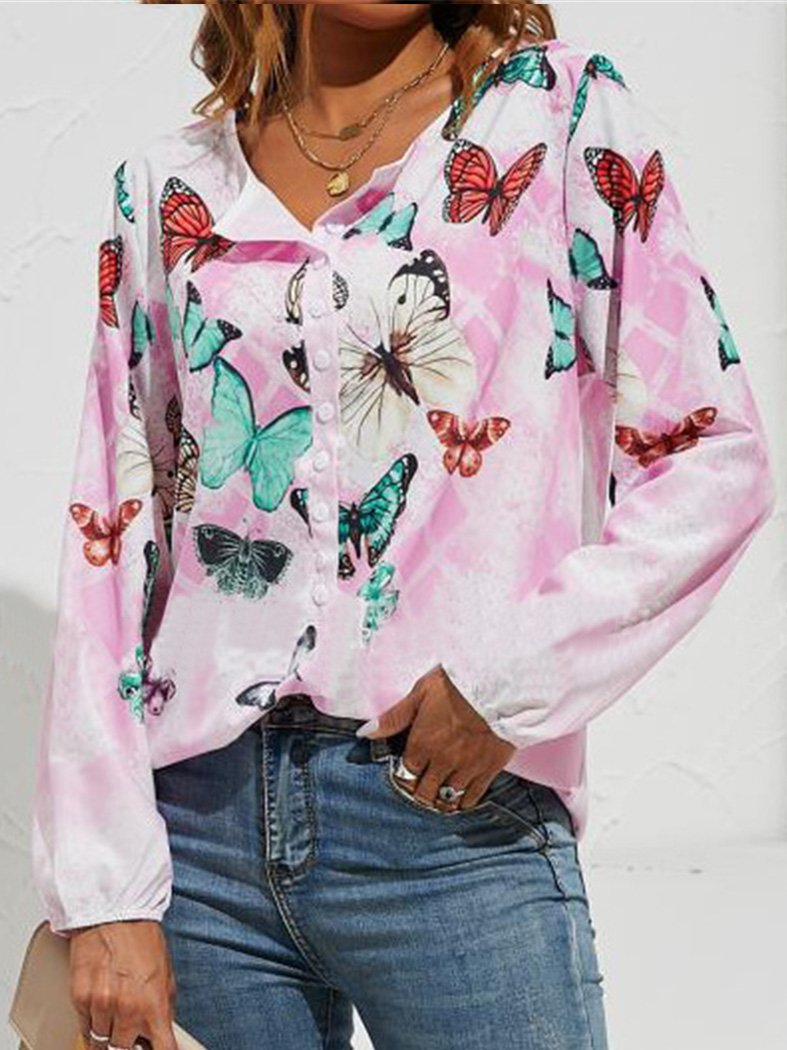 Women's Blouses Butterfly Print V-Neck Button Long Sleeve Blouse - LuckyFash™