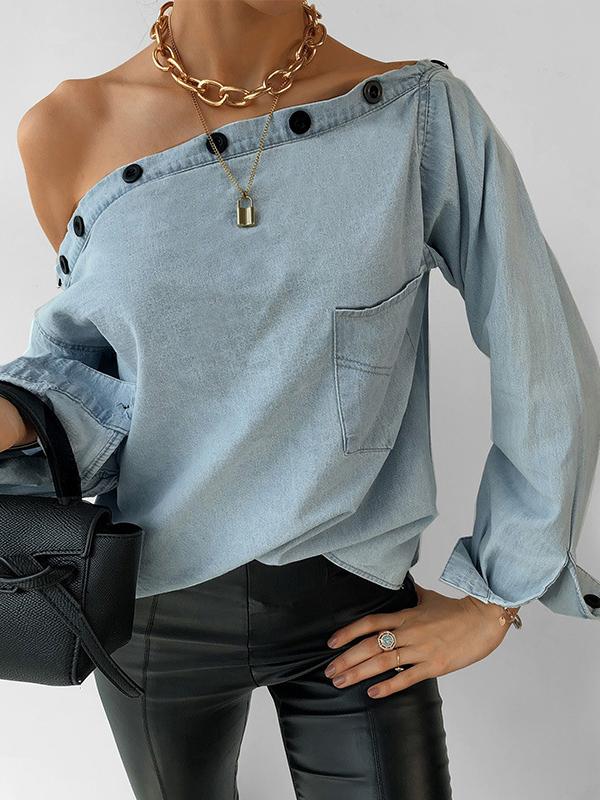 Blouses Button Boat Neck Off Shoulder Pocket Long Sleeve Denim Blouse - LuckyFash™