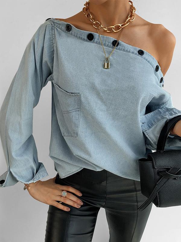 Blouses Button Boat Neck Off Shoulder Pocket Long Sleeve Denim Blouse - LuckyFash™